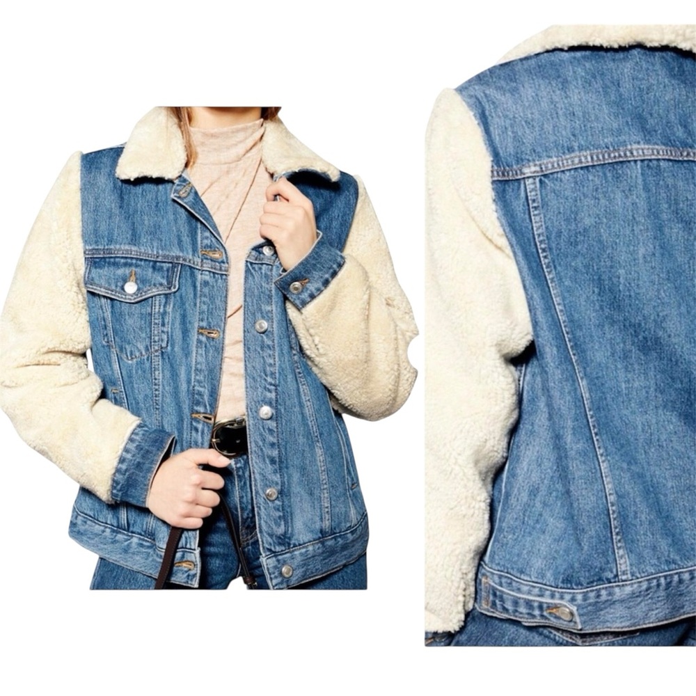 Topshop Denim Jacket with Faux Shearling Sleeves Size 10